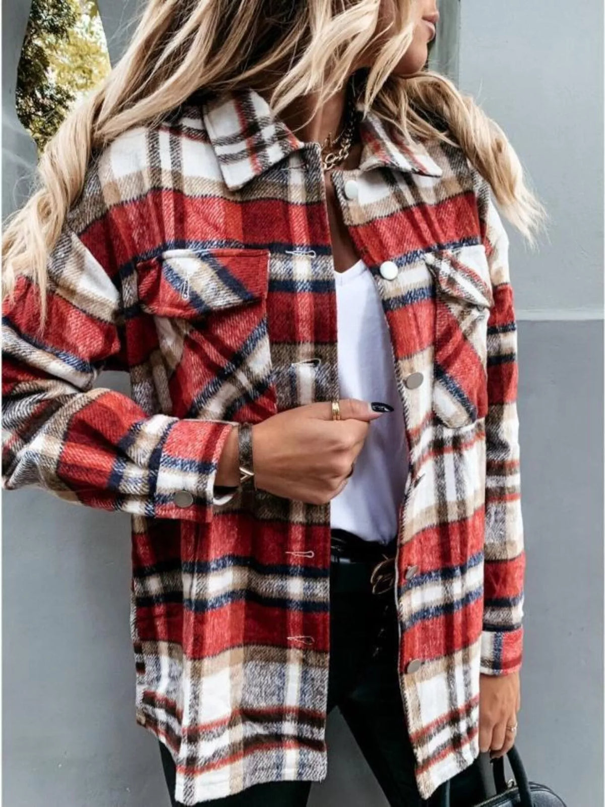 Plaid Button-Down Long Sleeve Shacket in Scarlet