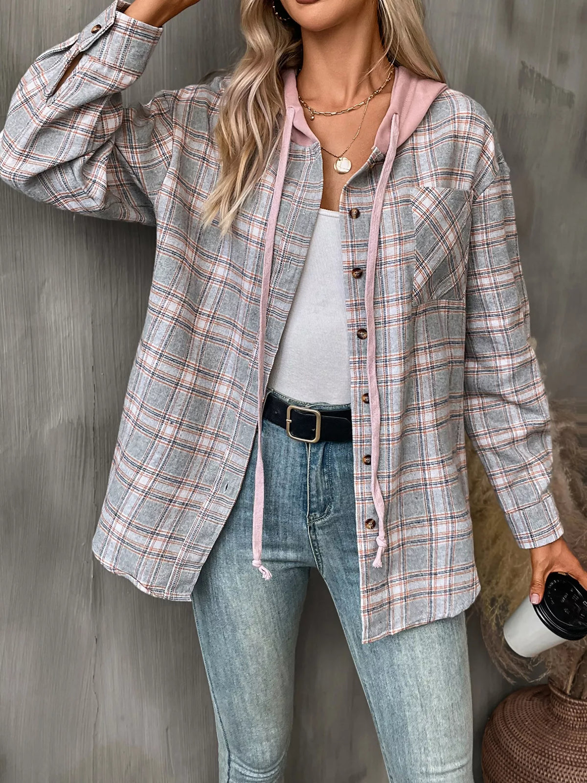 Plaid Button-Up Hooded Shirt with Chest Pocket - Lilixa.store