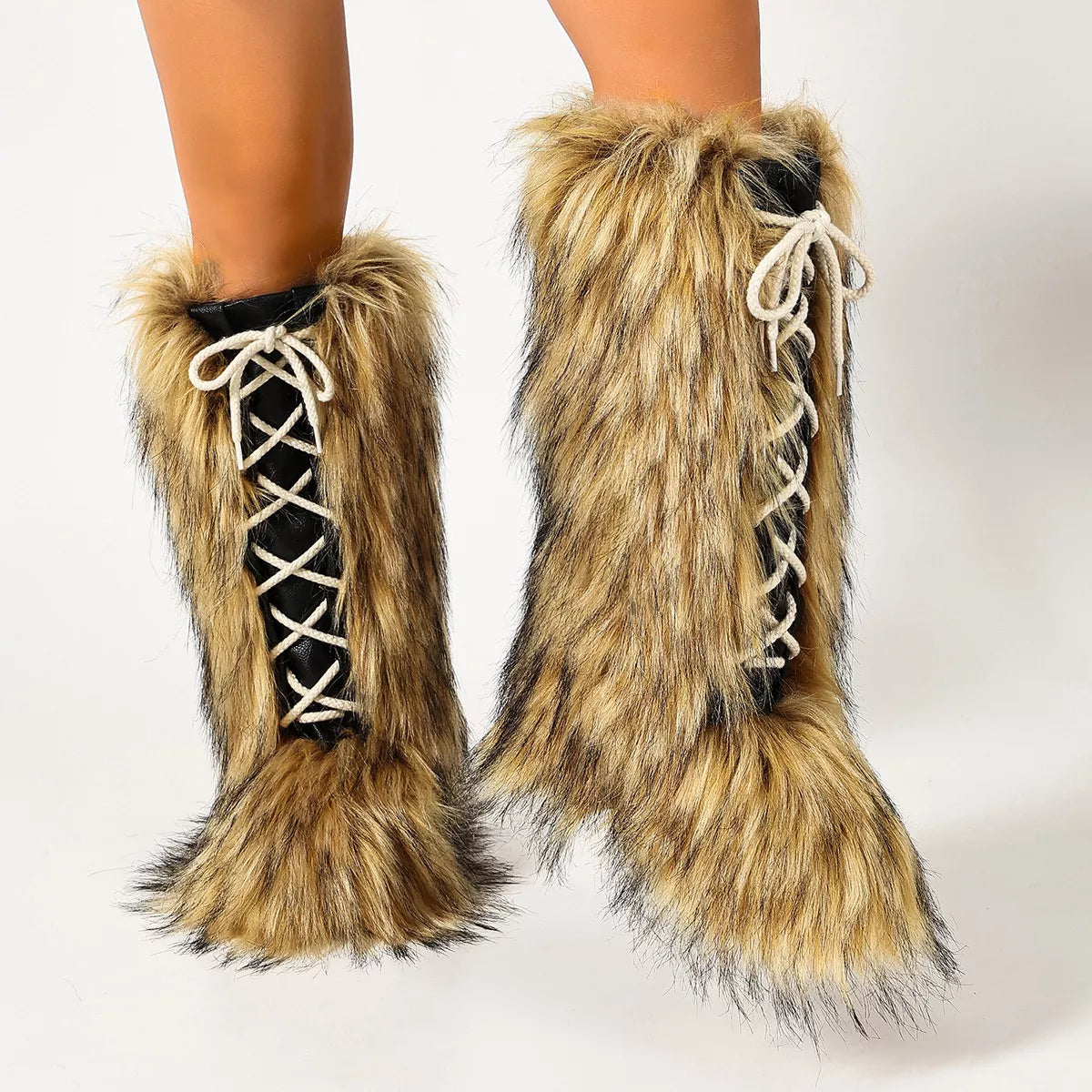 Luxury Faux Fur Lace-Up Winter Boots, view 2