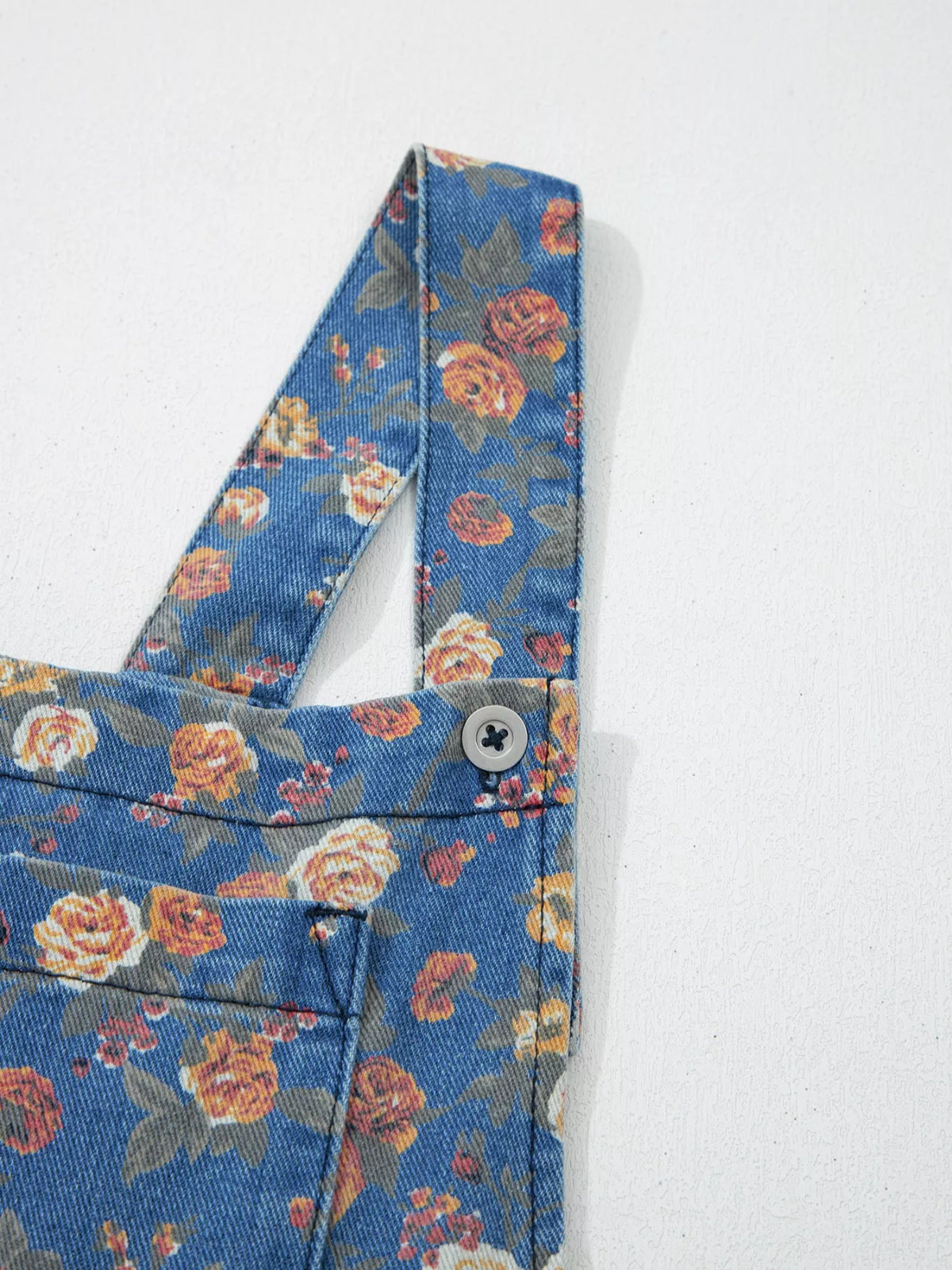 Floral Print Wide Leg Denim Overalls in Light Blue, view 9