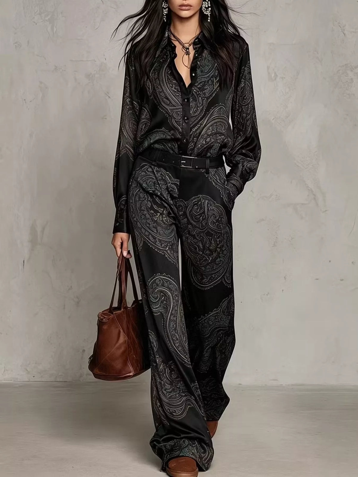 Paisley Print Long Sleeve Shirt and Wide-Leg Pants Set