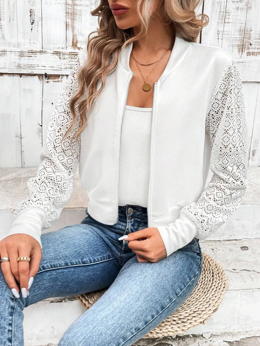 Baseball Collar Lace Patchwork Long Sleeve Jacket in White, view 3