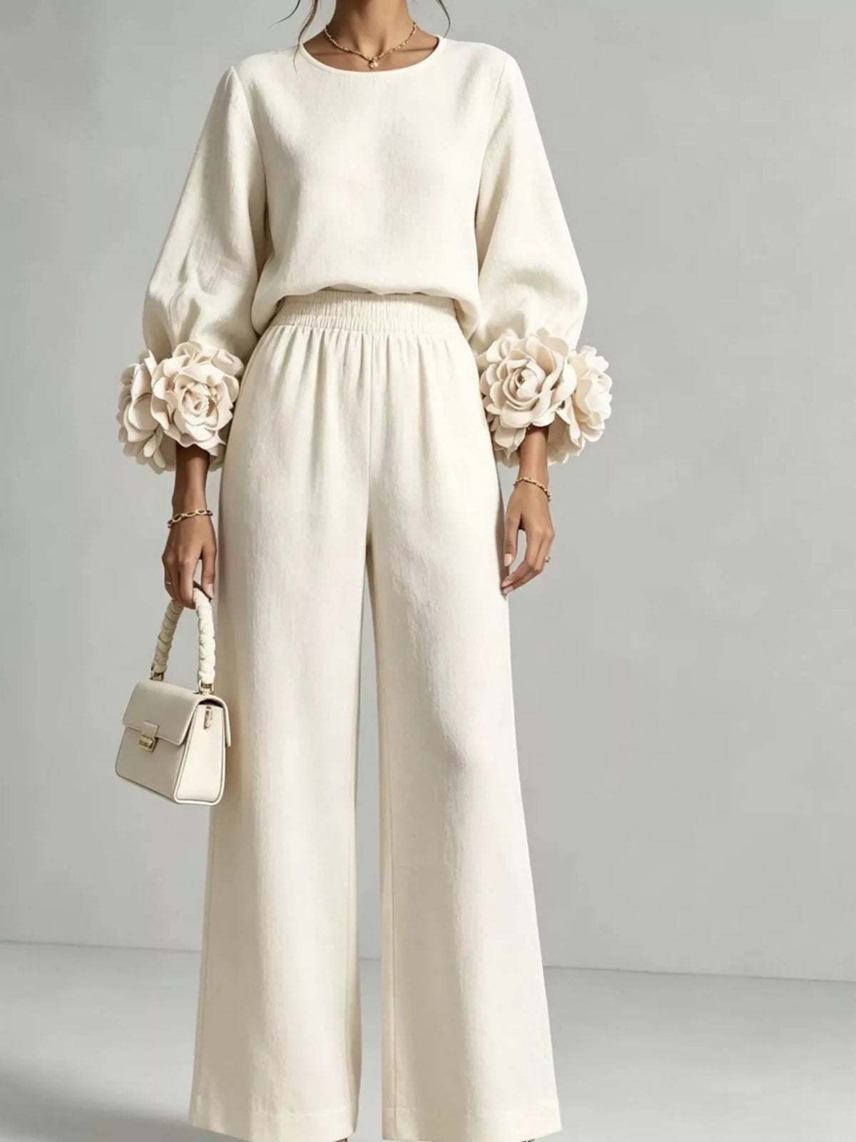 Full Size Floral Cuffs Top and Wide Leg Pants Set Plus Size