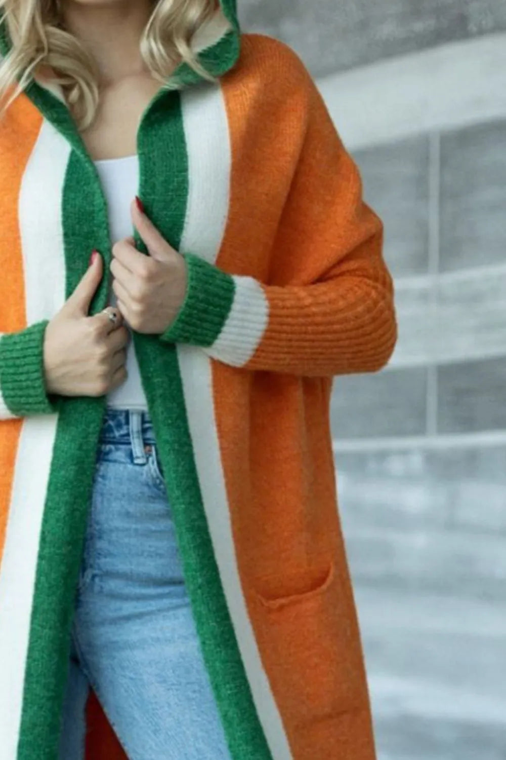 Pocketed Contrast Long Sleeve Hooded Cardigan - Lilixa.store