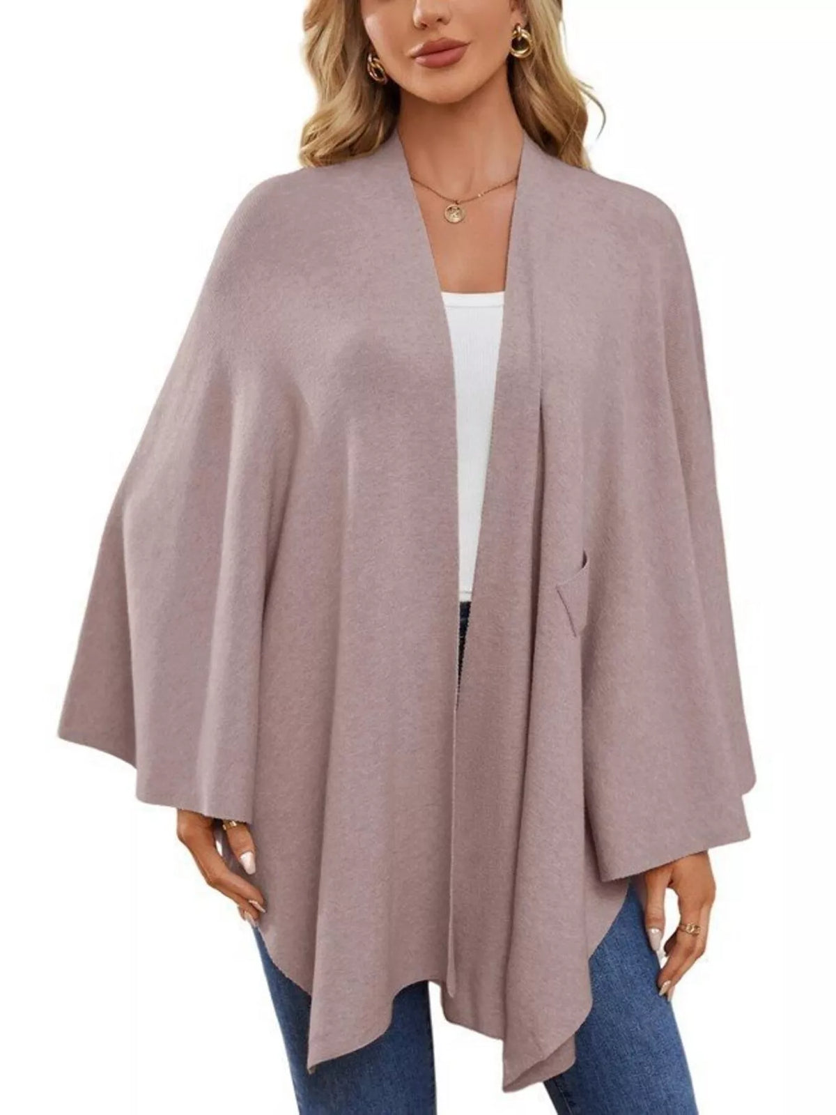 Solid Color Tie-Front Knit Cape Top, view 21