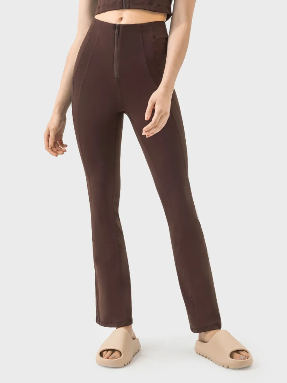Millennia Zipper Detail High Waist Active Pants in Chocolate