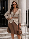 Pleated Patchwork Blazer Belt Dress - Lilixa.store