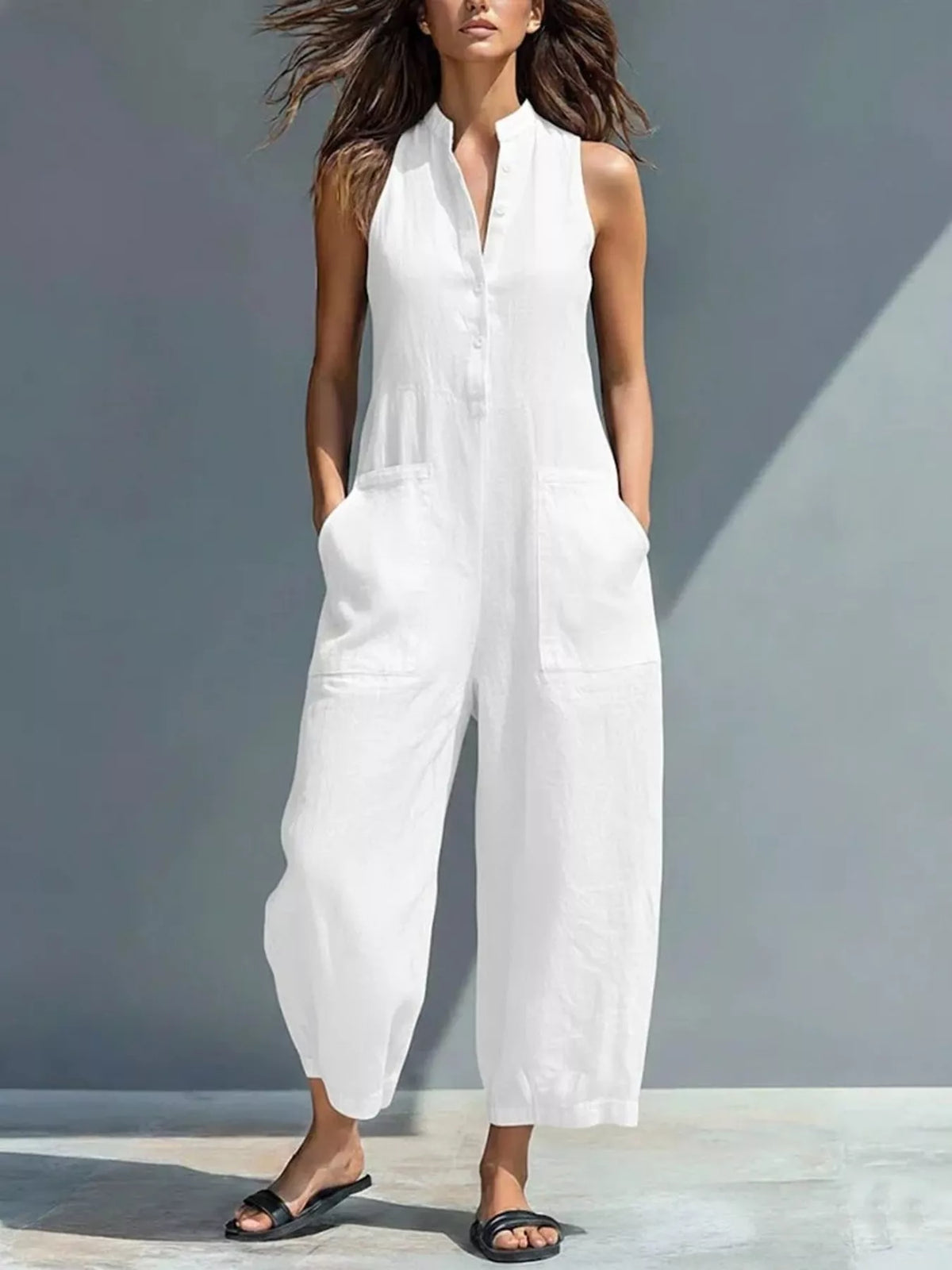 Full Size Button Front Sleeveless Jumpsuit Plus Size - Lilixa.store