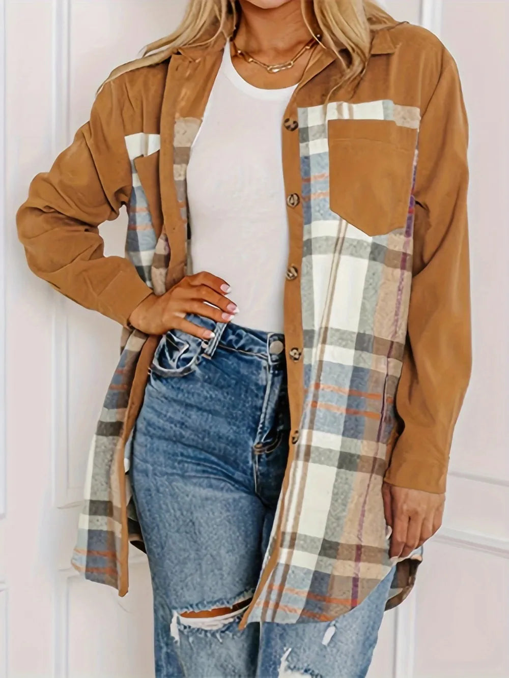 Plaid Collared Neck Long Sleeve Jacket - Lilixa.store