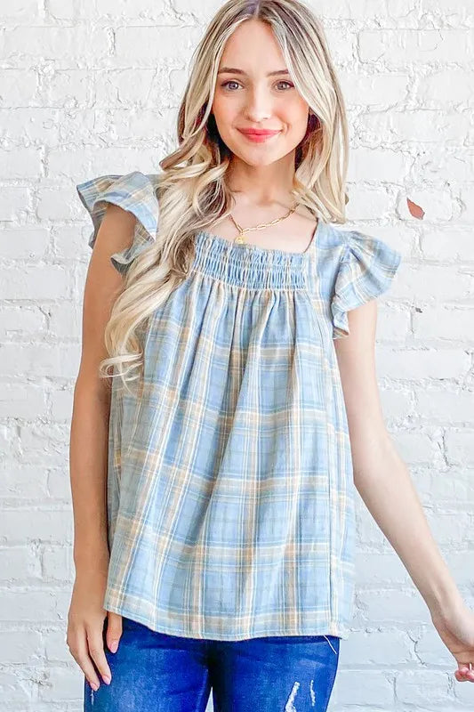 And The Why Plaid Print Smocked Detail Ruffle Baby Doll Top - Lilixa.store