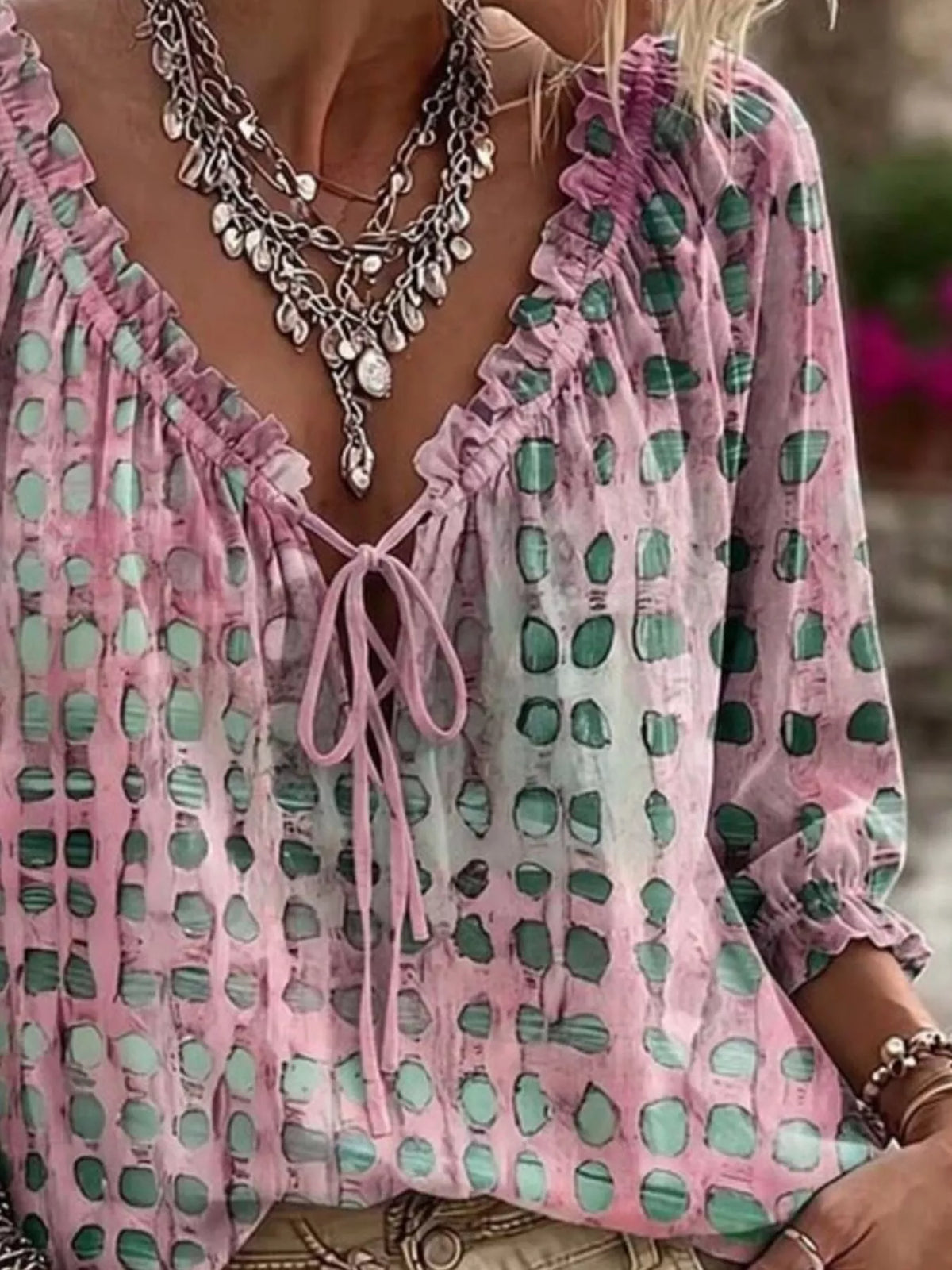 Full Size Tie Neck 3/4 Sleeve Blouse Plus Size