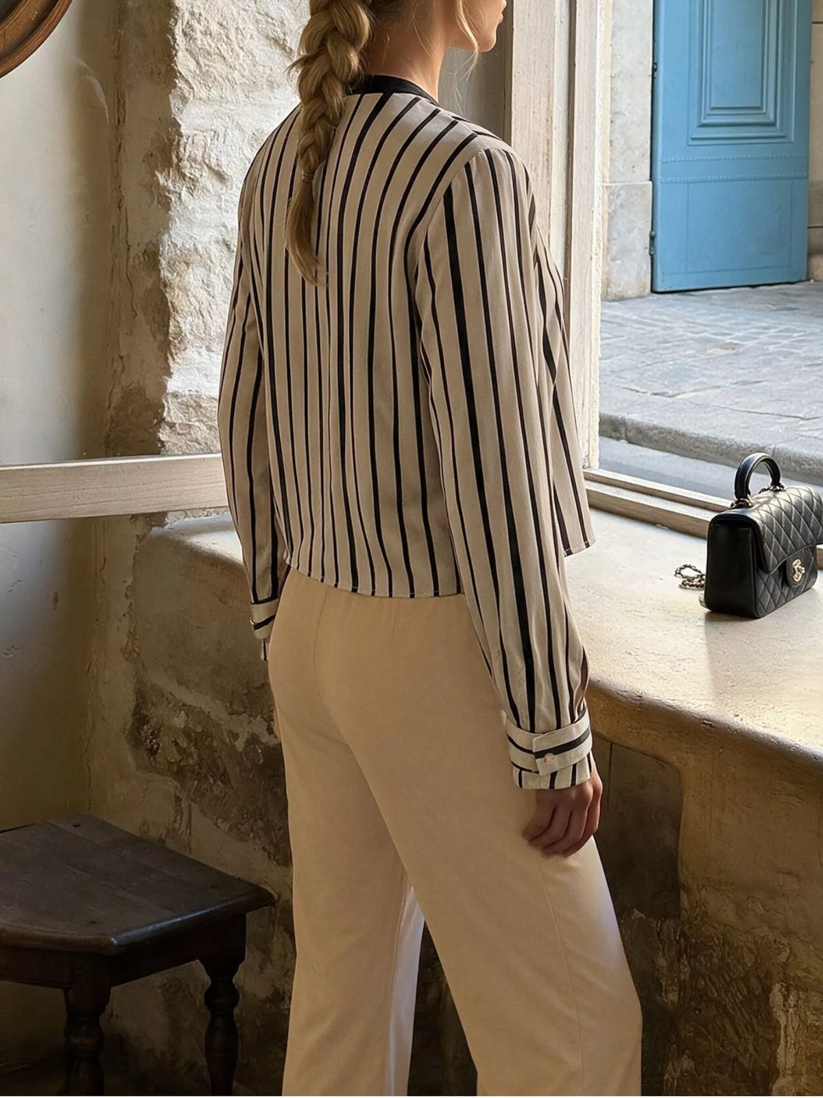 Striped Button-Down Shirt and High-Waisted Flare Pants Set in Khaki, view 7