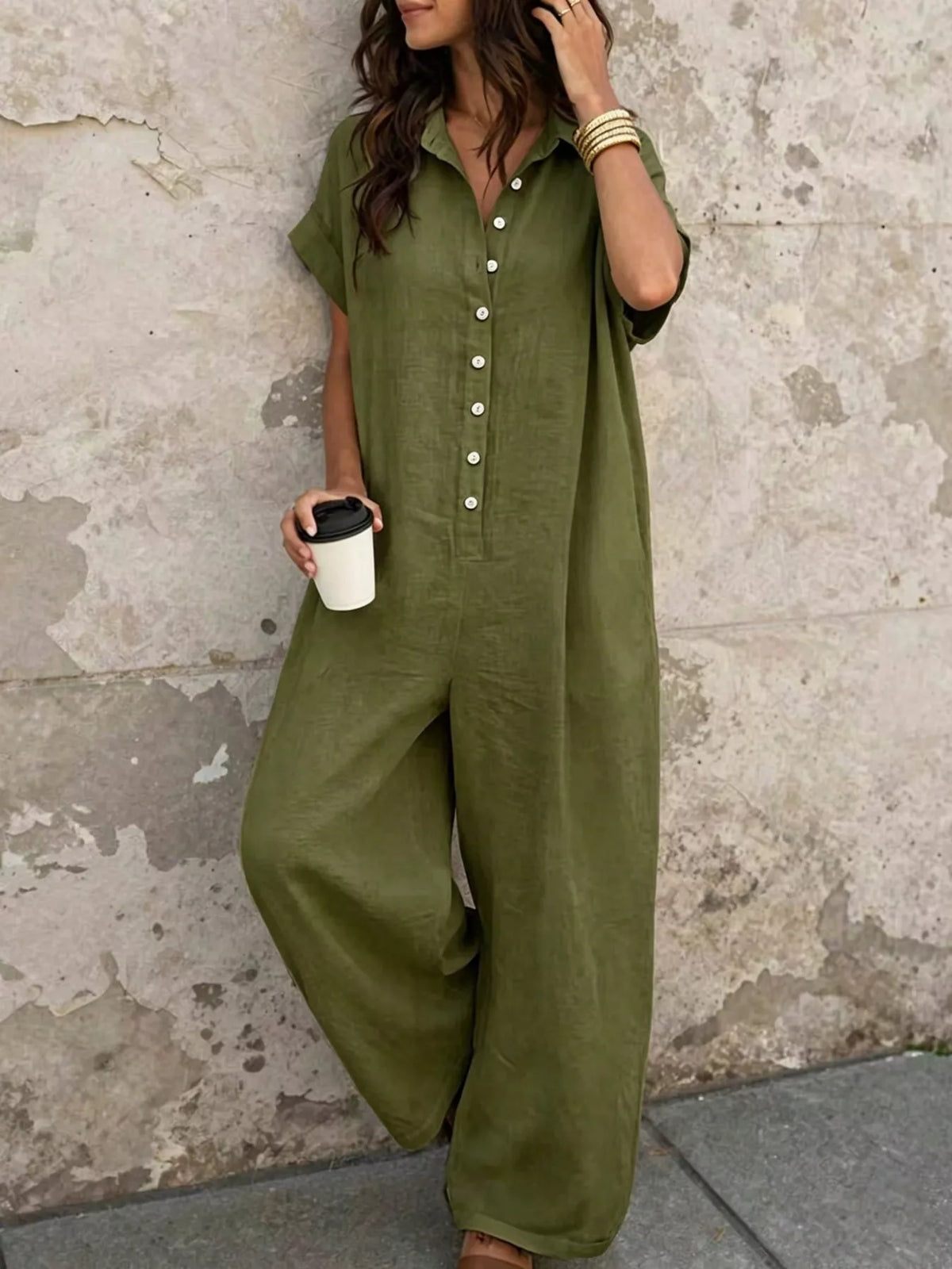 Button Front Short Sleeve Jumpsuit - Lilixa.store