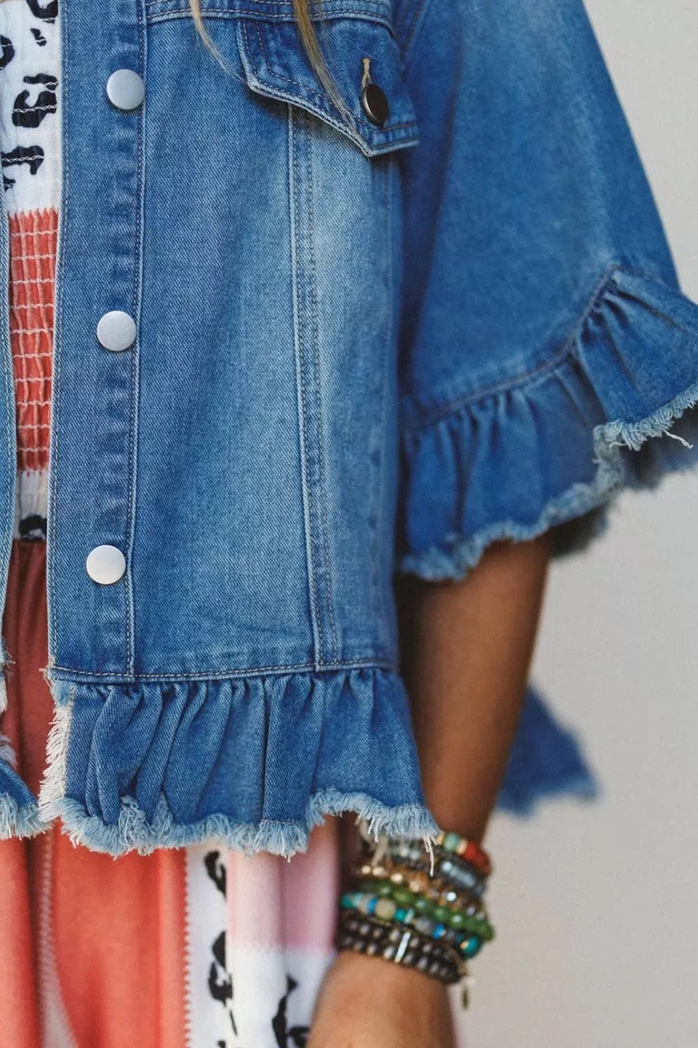 Ruffle Hem Raw Edge Half Sleeve Western Denim Jacket in Dusty Blue, view 7