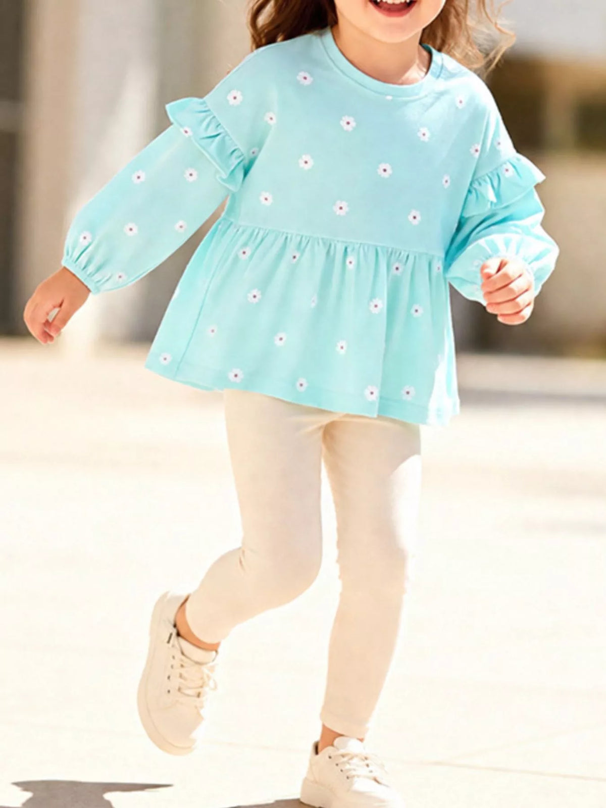 Children's Flower Balloon Sleeve Peplum Top and Pants Set in Pastel Blue