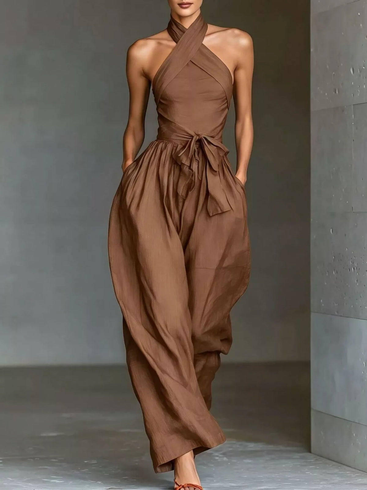 Halter Neck Wide-Leg Jumpsuit with Waist-Tie Detail - Lilixa.store