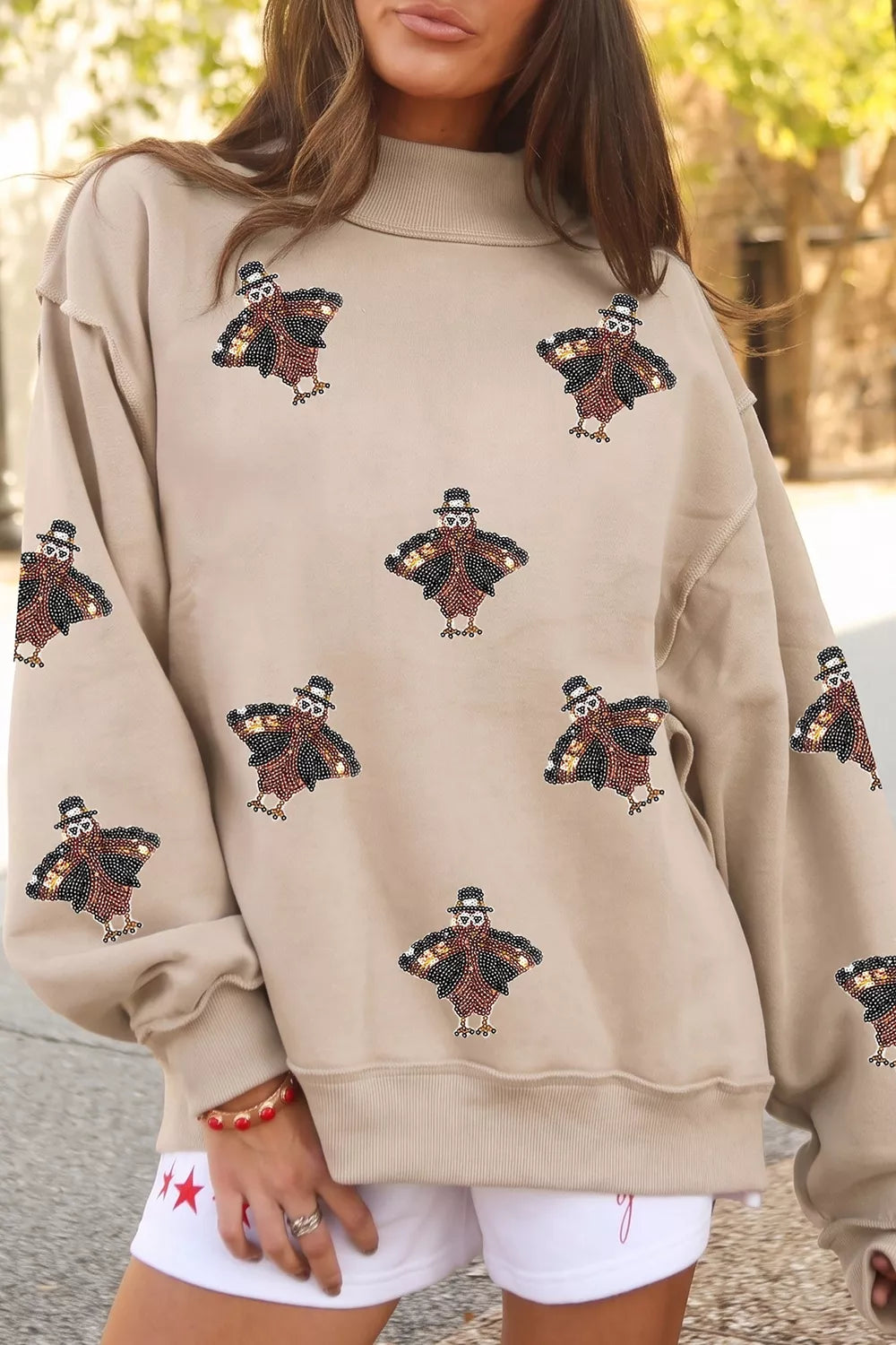 Sequin Turkey Mock Neck Exposed Seam Pullover Sweatshirt - Lilixa.store