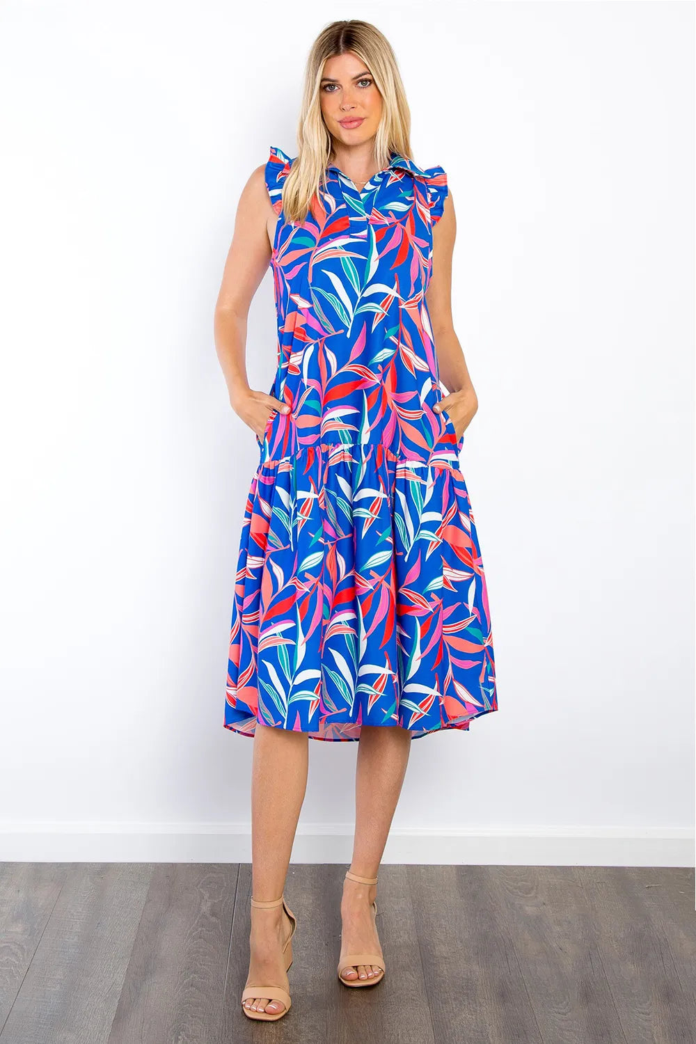 Be Stage Print Ruffled Midi Dress with Pockets - Lilixa.store