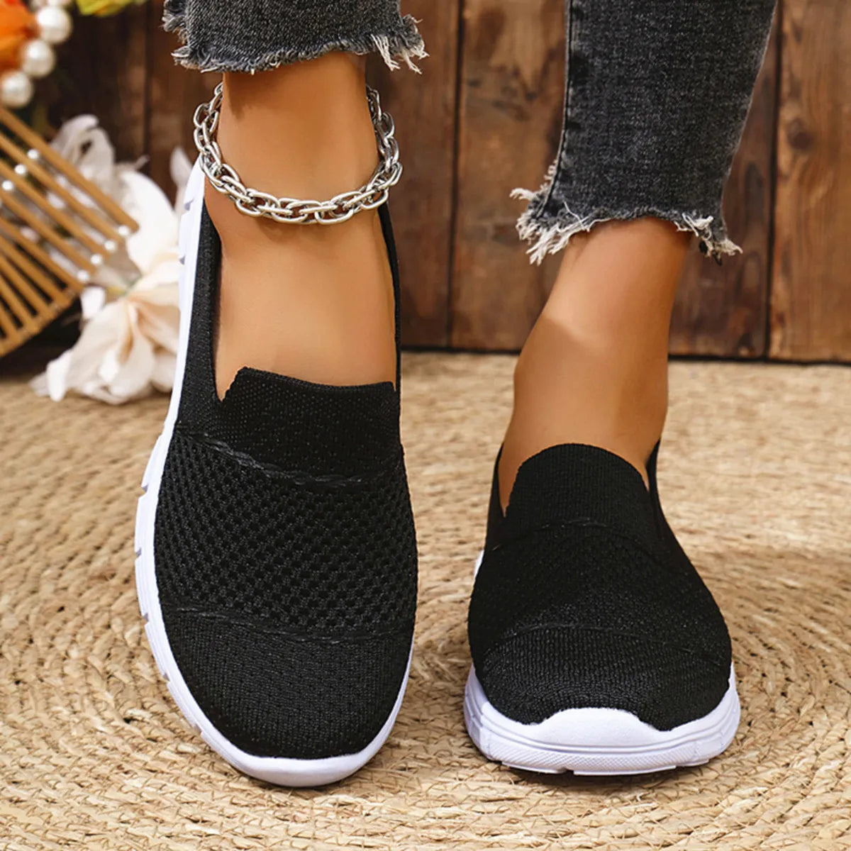 Breathable Mesh Athletic Slip-Ons in Black