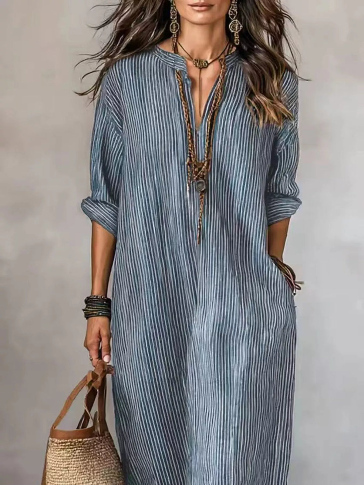 Full Size Striped Notched Maxi Dress with Pockets Plus Size - Lilixa.store