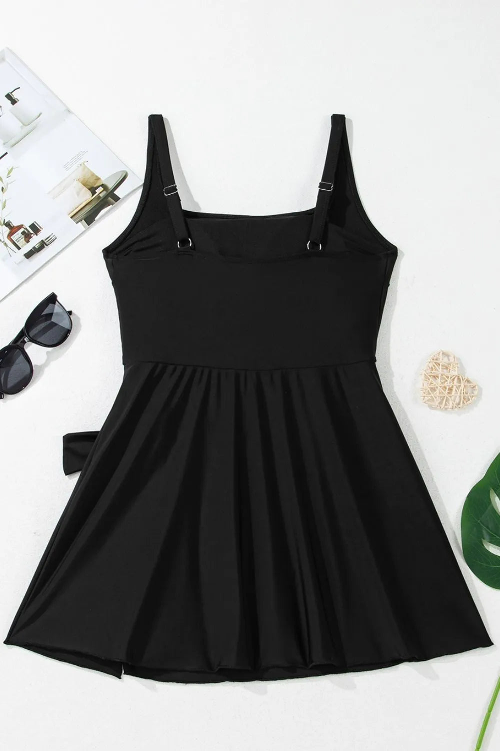 Side Tied Waist Square Neck Adjustable Straps A-line One Piece Swim Dress - Lilixa.store