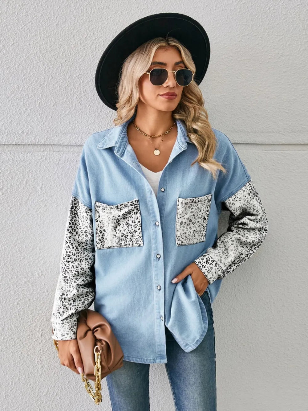 Leopard Button Up Denim Jacket, view 4