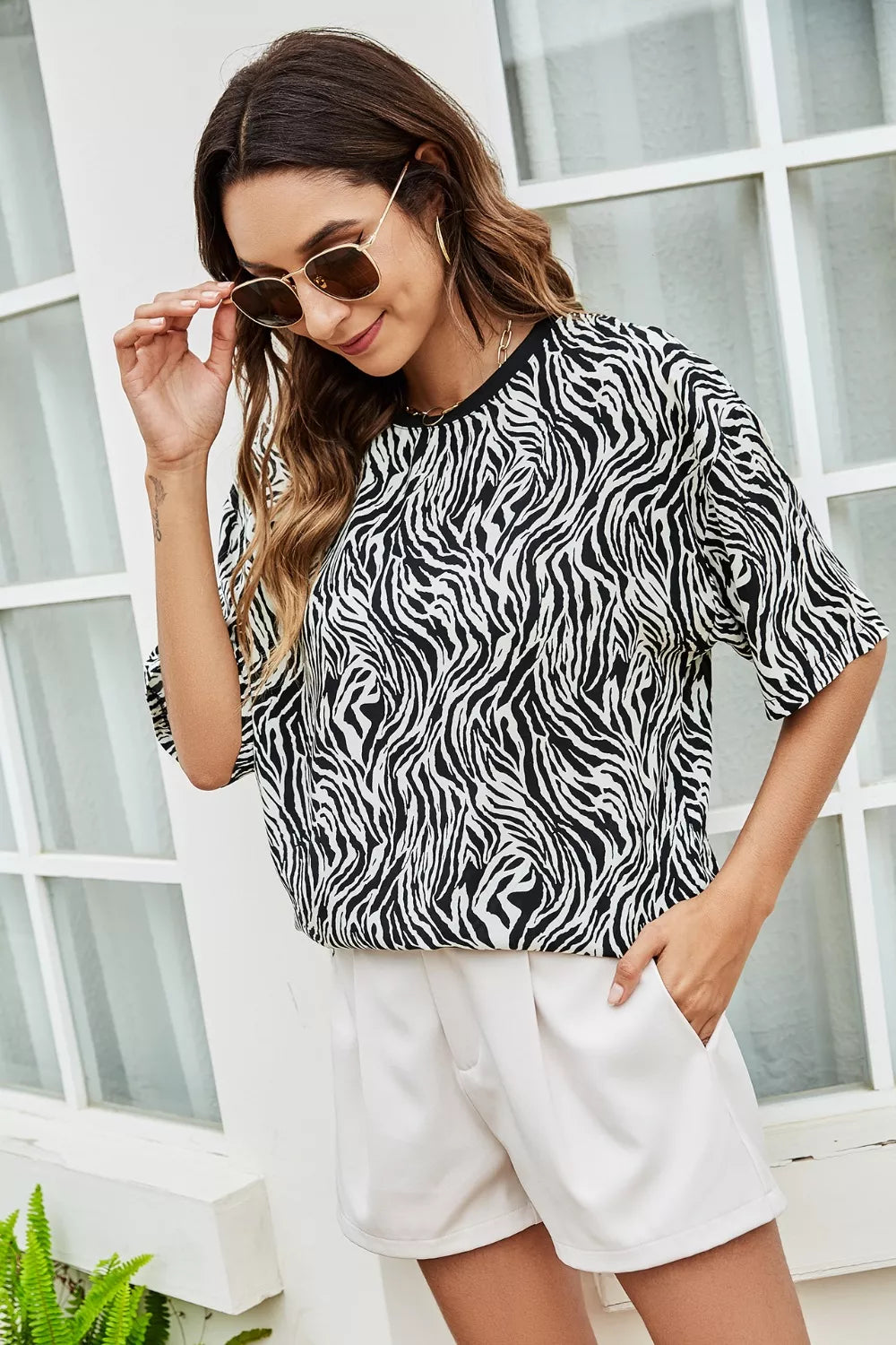 Printed Round Neck Half Sleeve Top - Lilixa.store