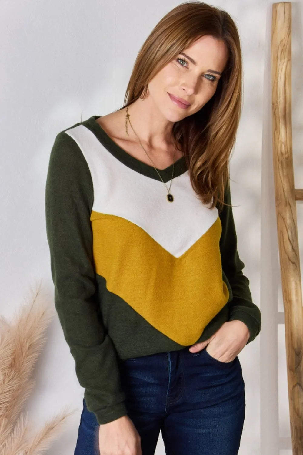 Hailey & Co Full Size Colorblock V-Neck Blouse - Lilixa.store