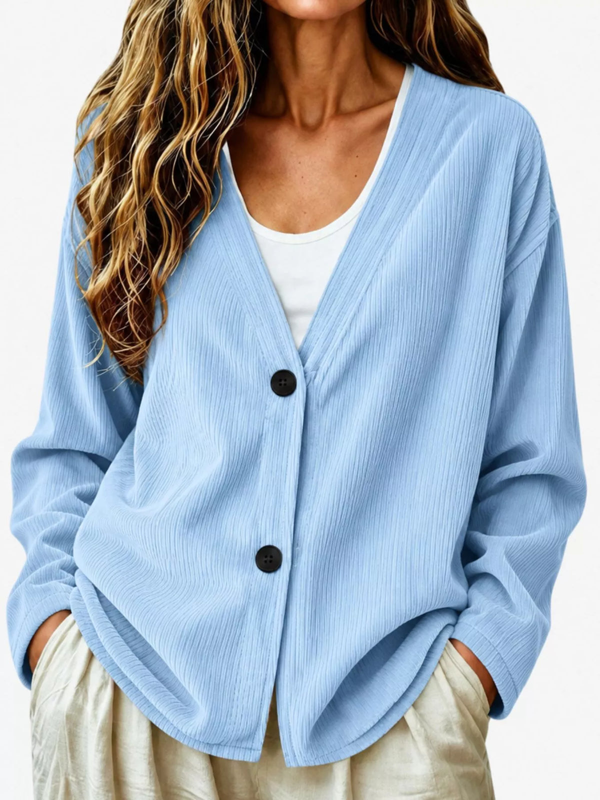 Casual Corduroy Button-Up Cardigan in Light Blue