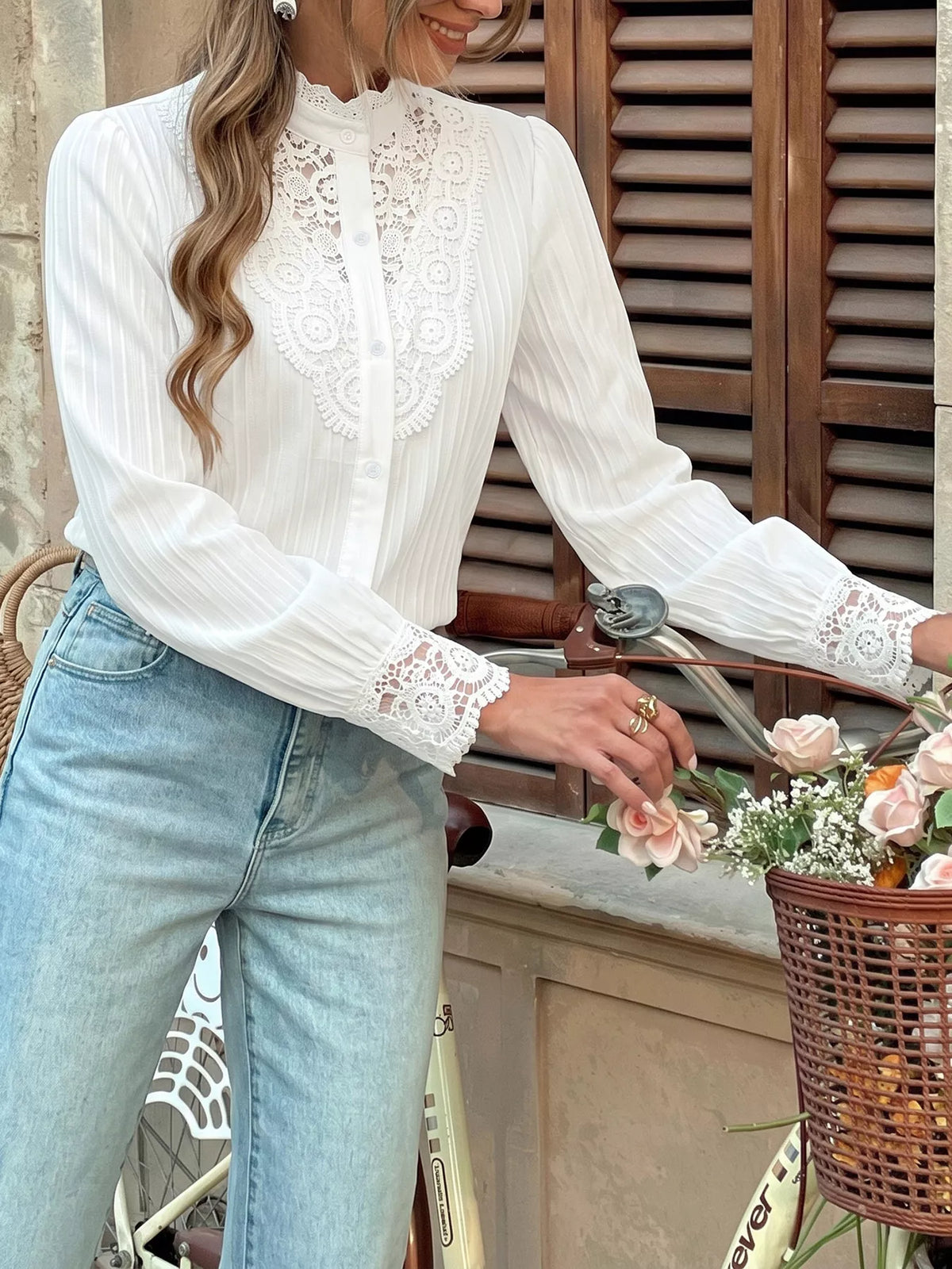 Lace Detail Long Sleeve Shirt - Lilixa.store