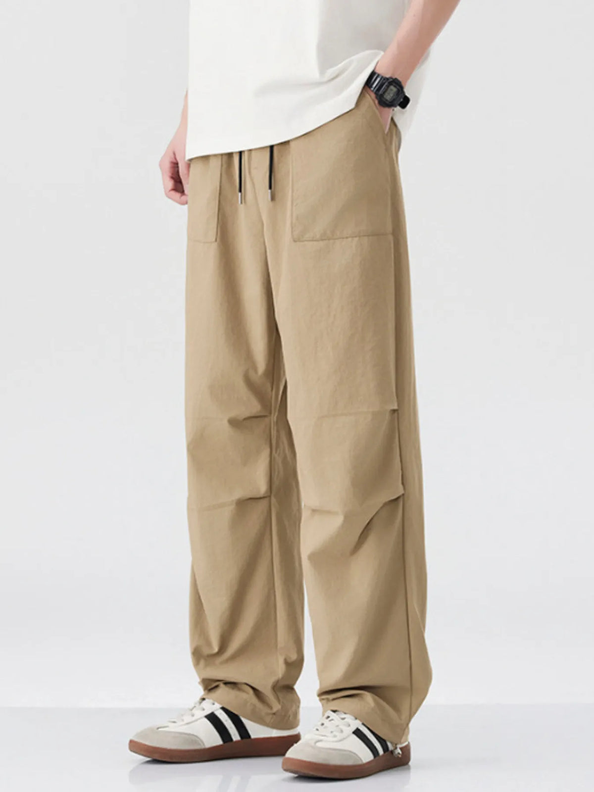 Men's Drawstring Wide Leg Pants in Khaki
