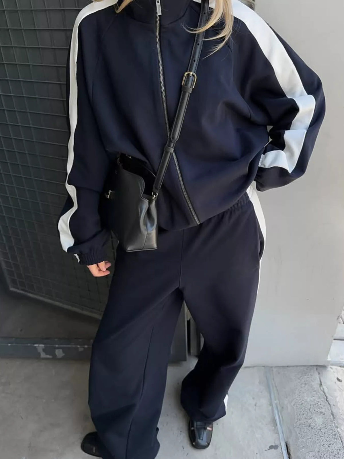 Contrast Side Stripe Zip Up Top and Pants Set - Lilixa.store
