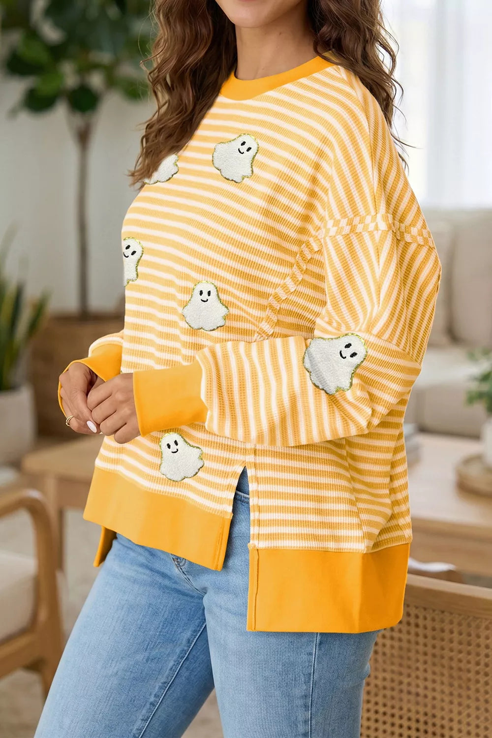 Stripe Halloween Ghost Patch Round Neck Long Sleeve Top - Lilixa.store