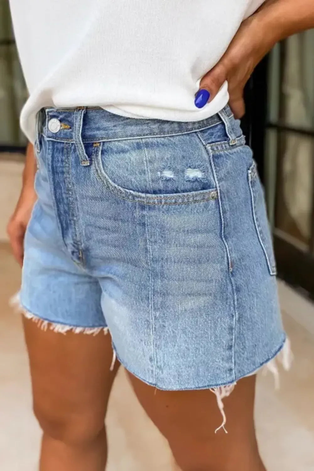 Frayed Hem High-Waisted Denim Shorts, view 3