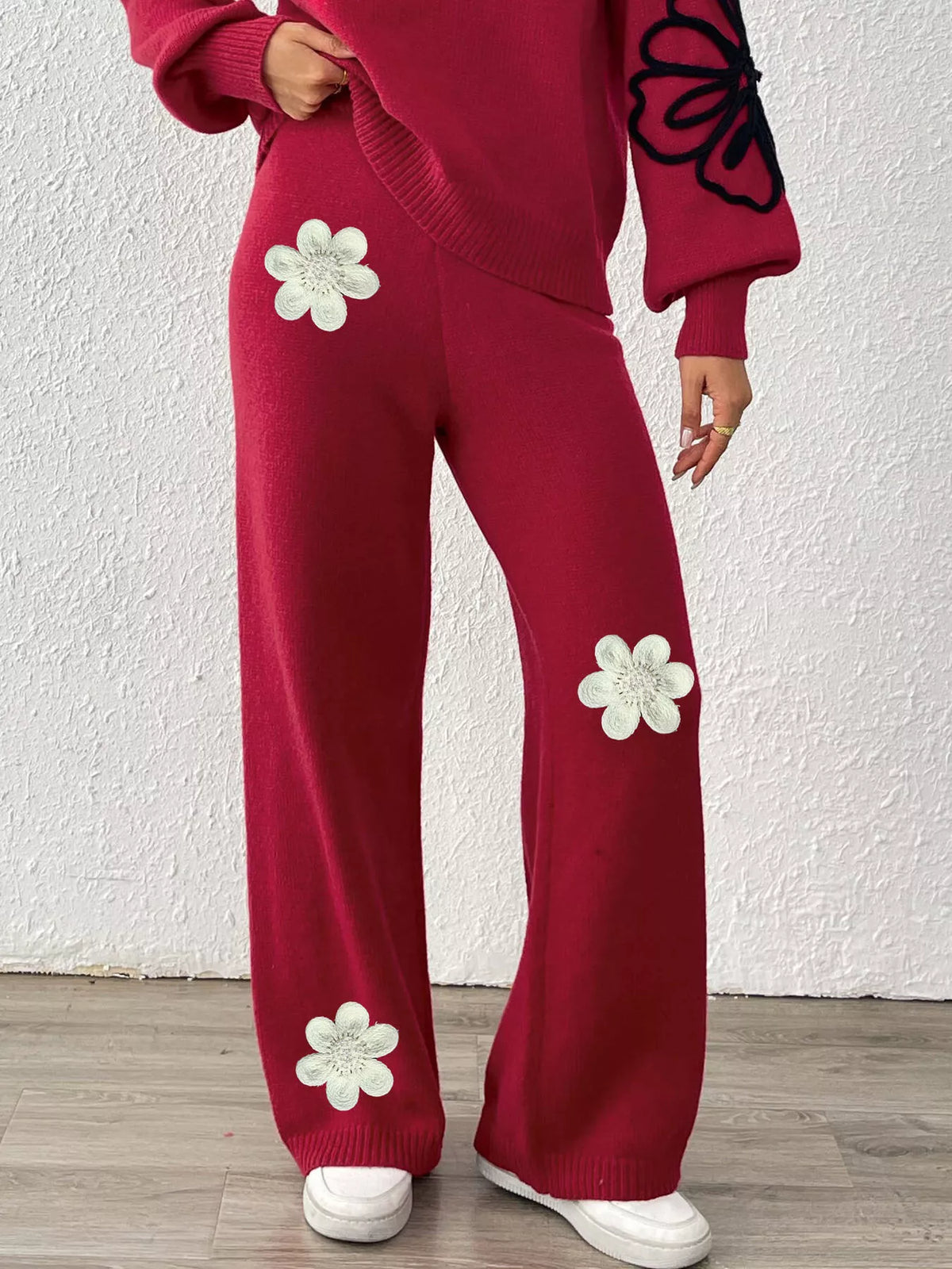 High-Waisted Wide-Leg Sweater Pants with Floral Beaded Decor, view 6