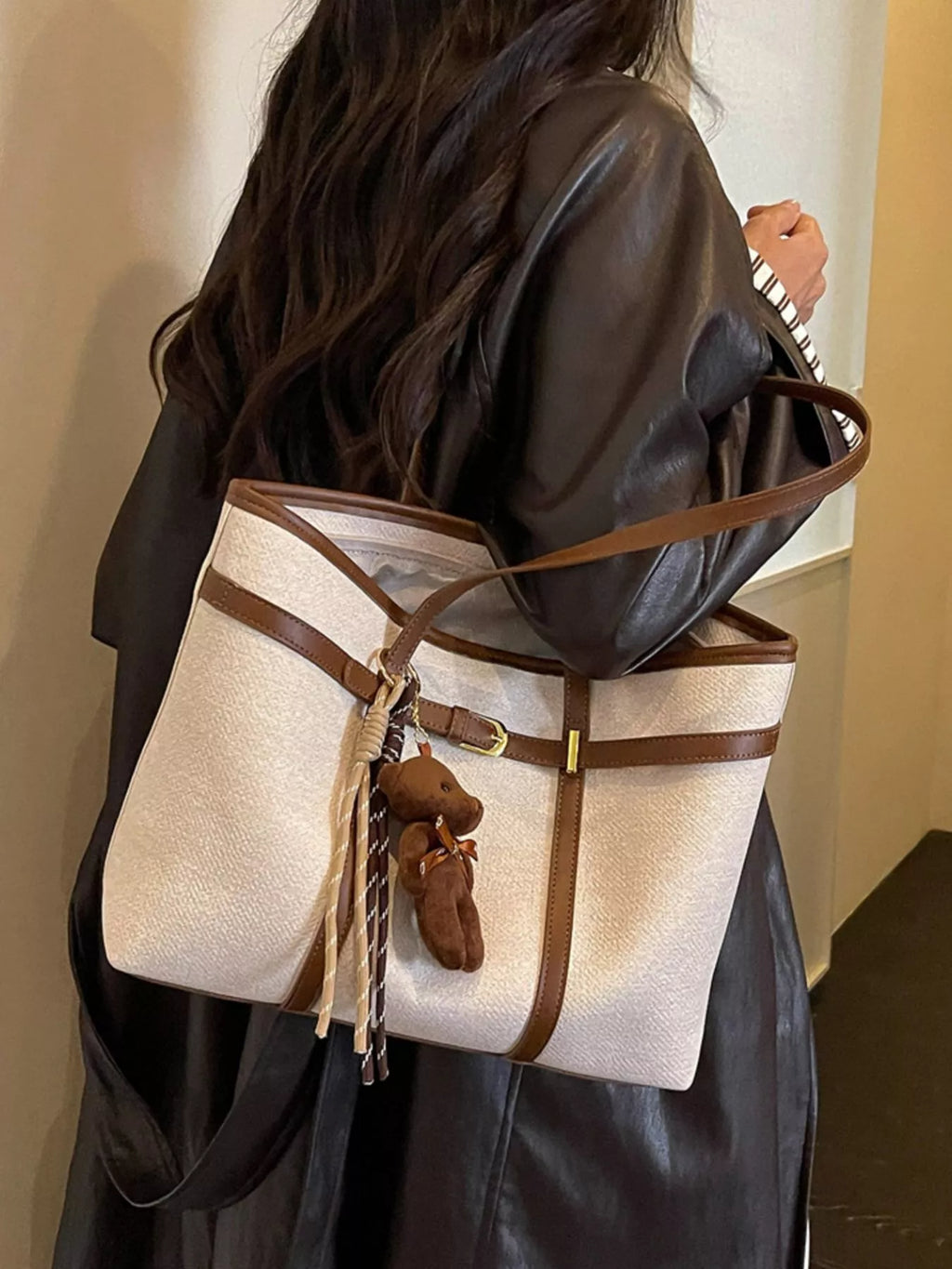 Decorative Buckle Tote Bag in Off-white, view 3