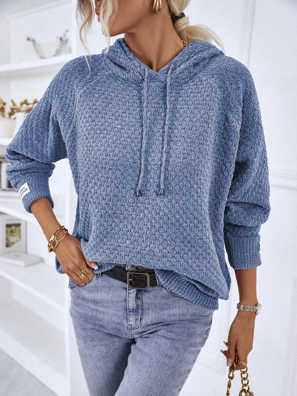 Texture Drawstring Long Sleeve Hooded Sweater in French Blue