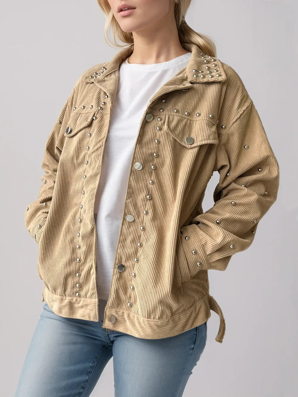 Studded Collared Neck Button Up Jacket - Lilixa.store