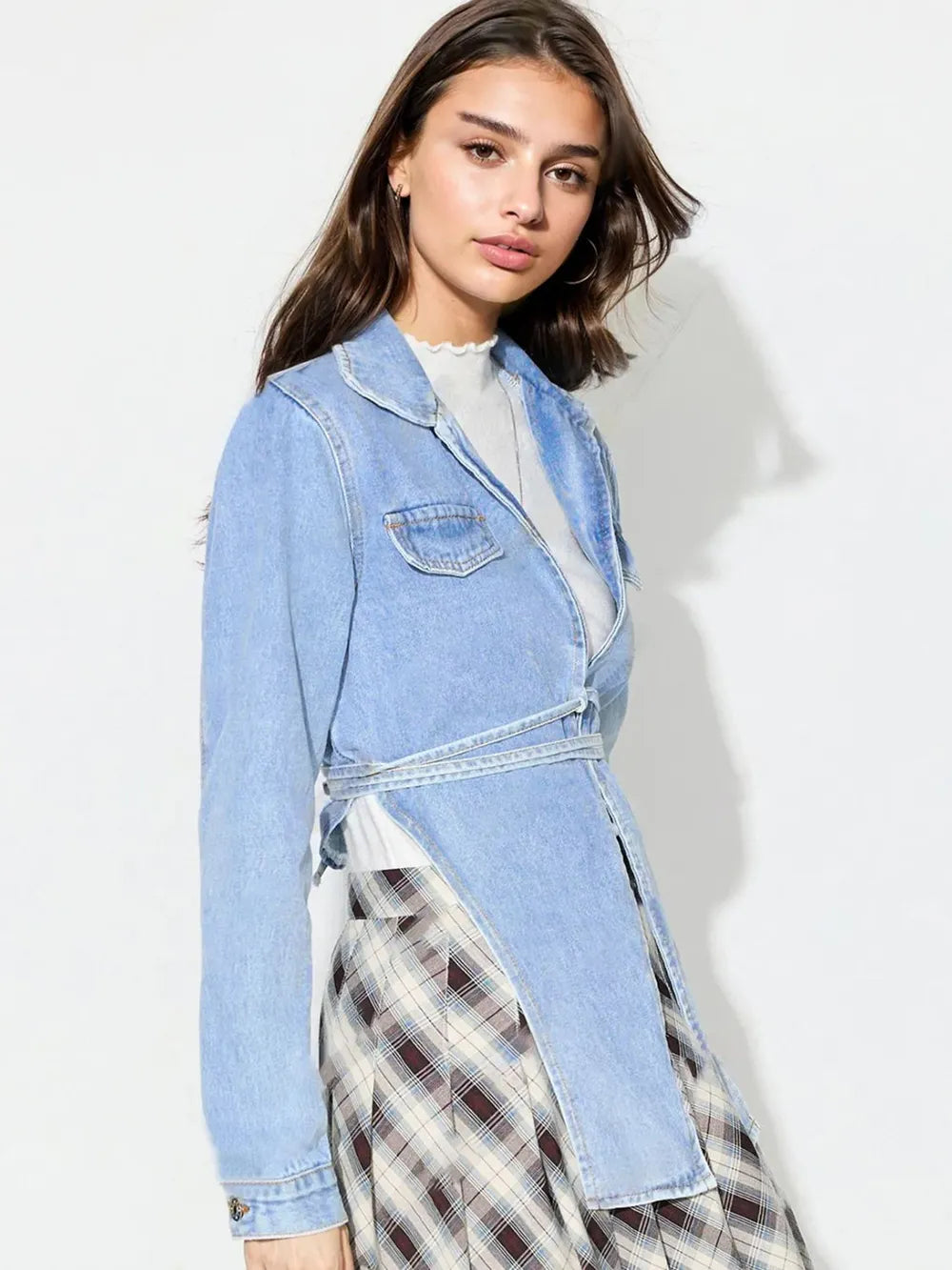Asymmetric Slit Collared Neck Long Denim Top - Lilixa.store