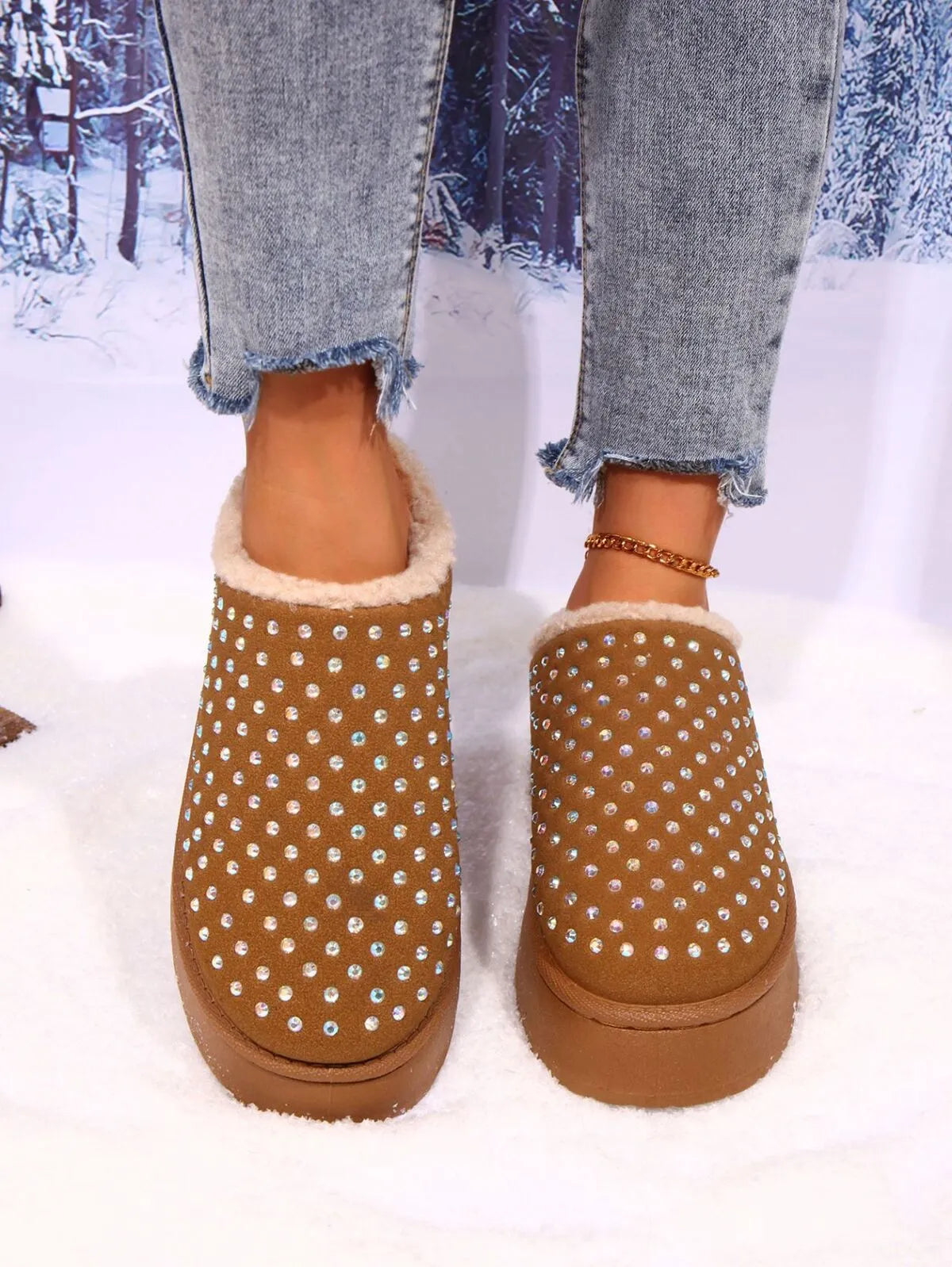 Rhinestone Round Toe Platform Slippers - Lilixa.store