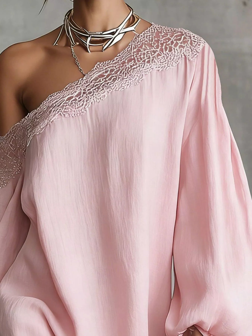 One-Shoulder Lace Trimmed Puff Sleeve Mini Dress - Lilixa.store