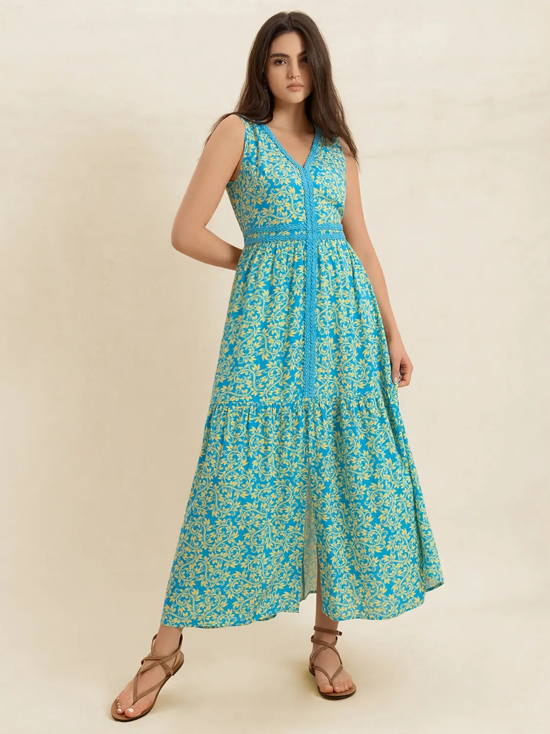 Slit Printed V-Neck Sleeveless Dress in Teal, view 4