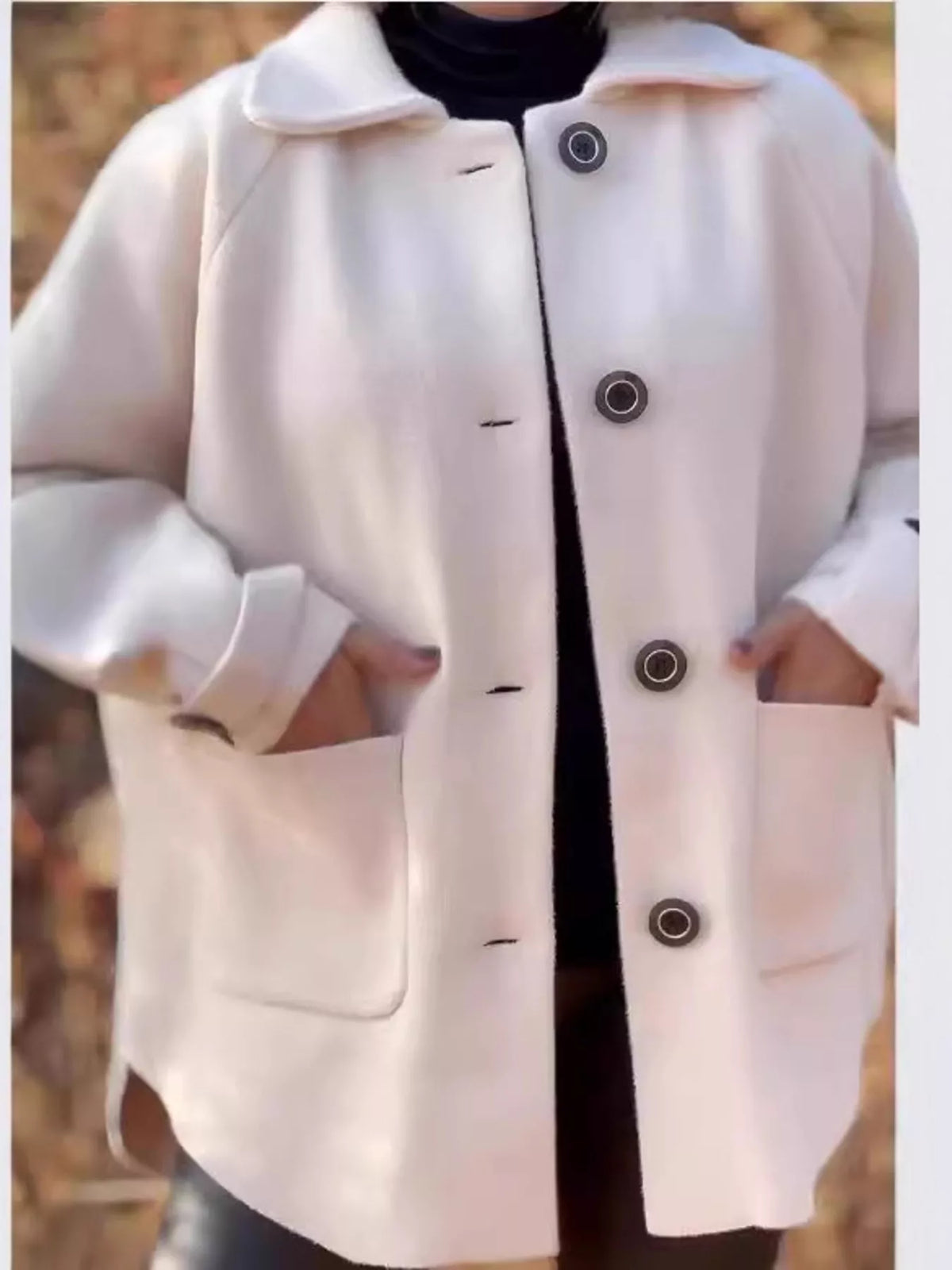 Full Size Button-Front Raglan Sleeve Coat Plus Size in Ivory White