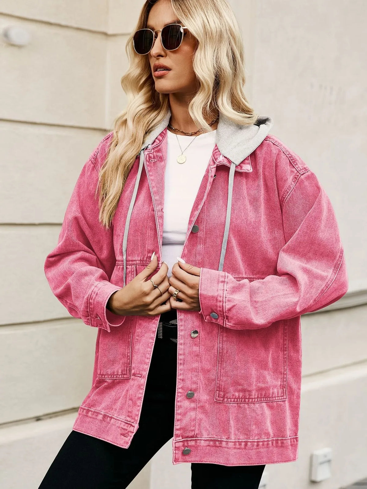 Oversized Button Up Denim Jacket with Hood in Strawberry