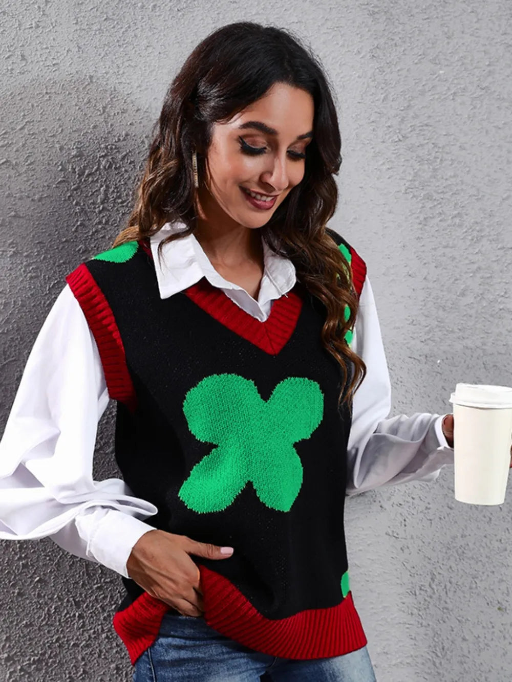 Four Leaf Clover V-Neck Sweater Vest in Black, view 6