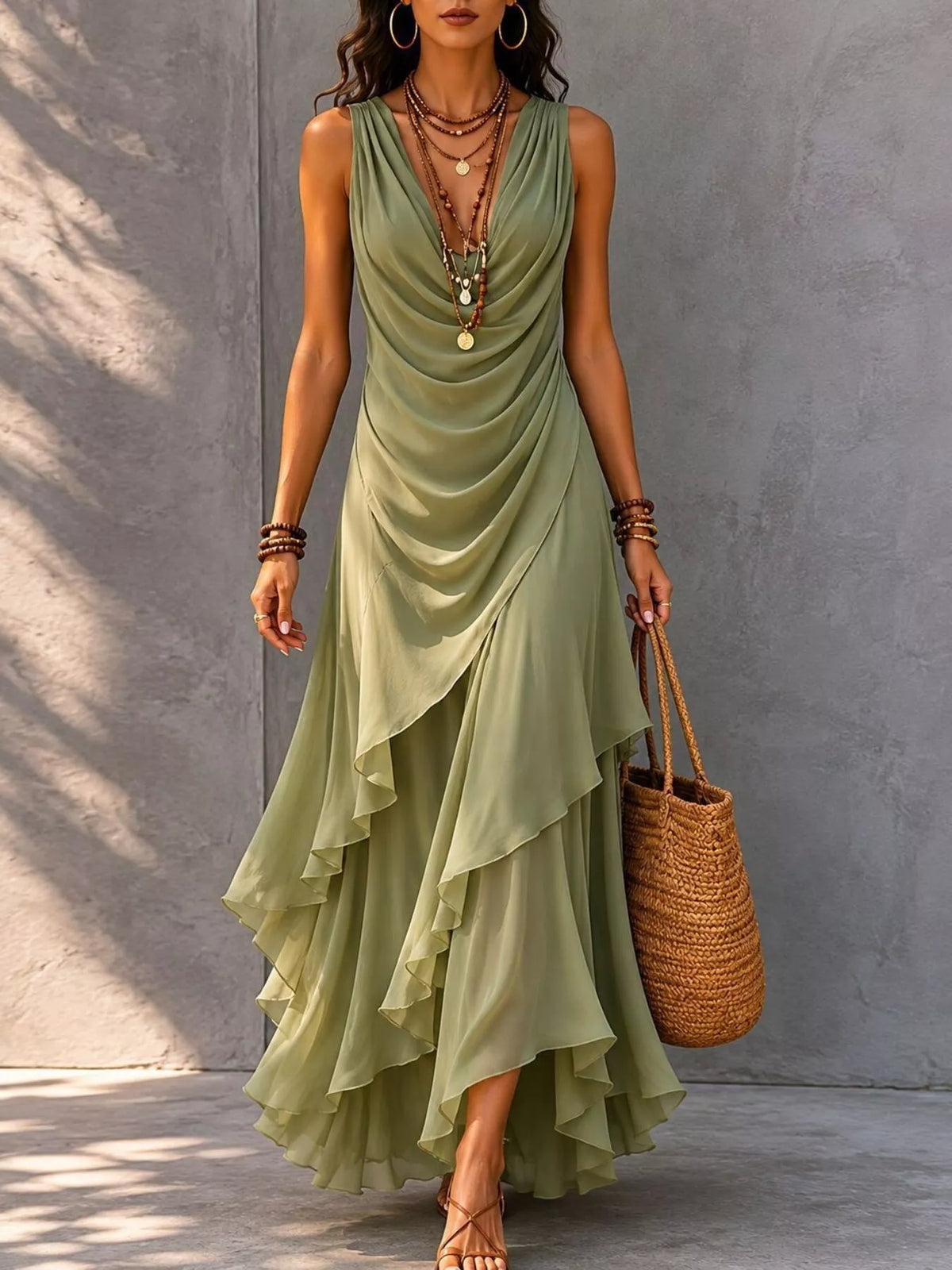Sleeveless Layered Ruffle Hem Maxi Dress - Lilixa.store