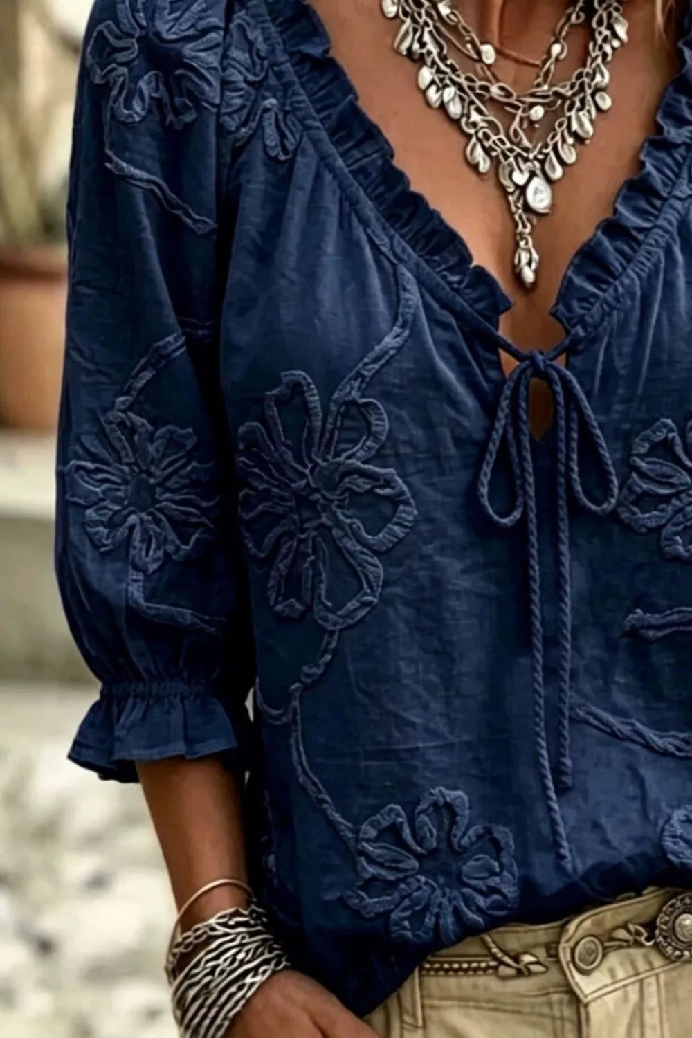 Floral Tie Neck 3/4 Sleeve Blouse