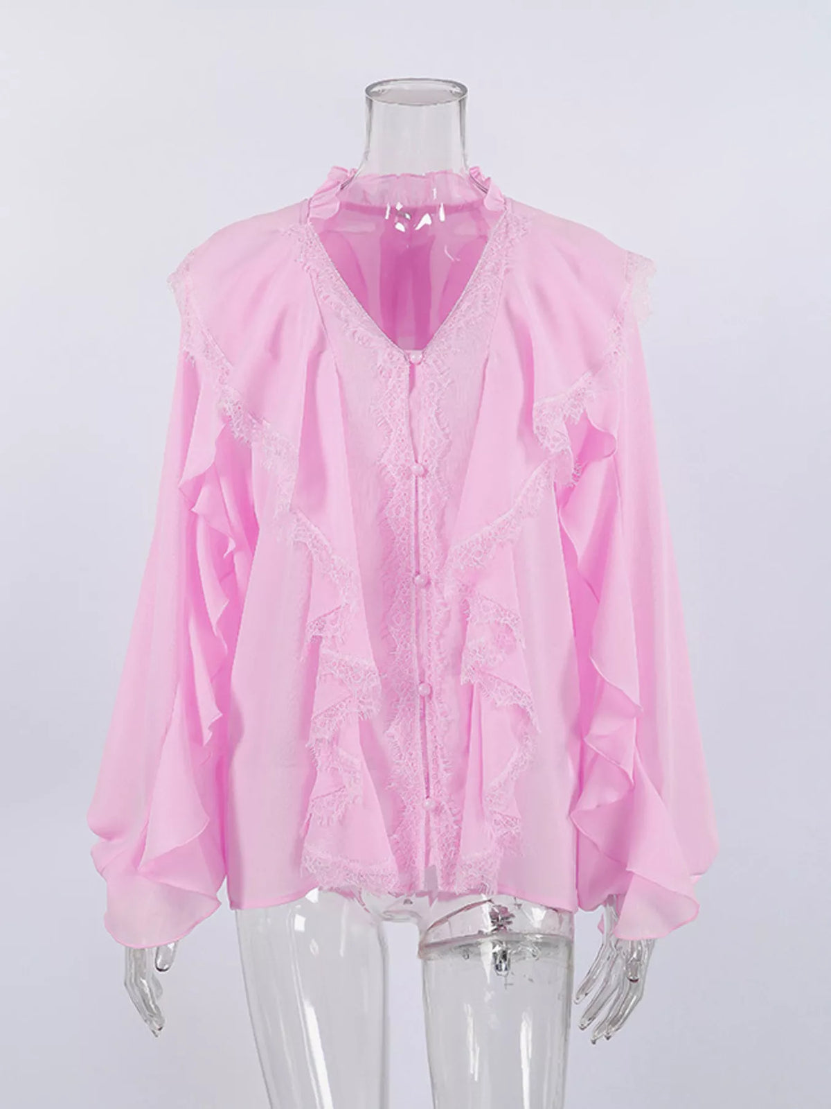 V-Neck Ruffled Lace Trim Blouse, view 13