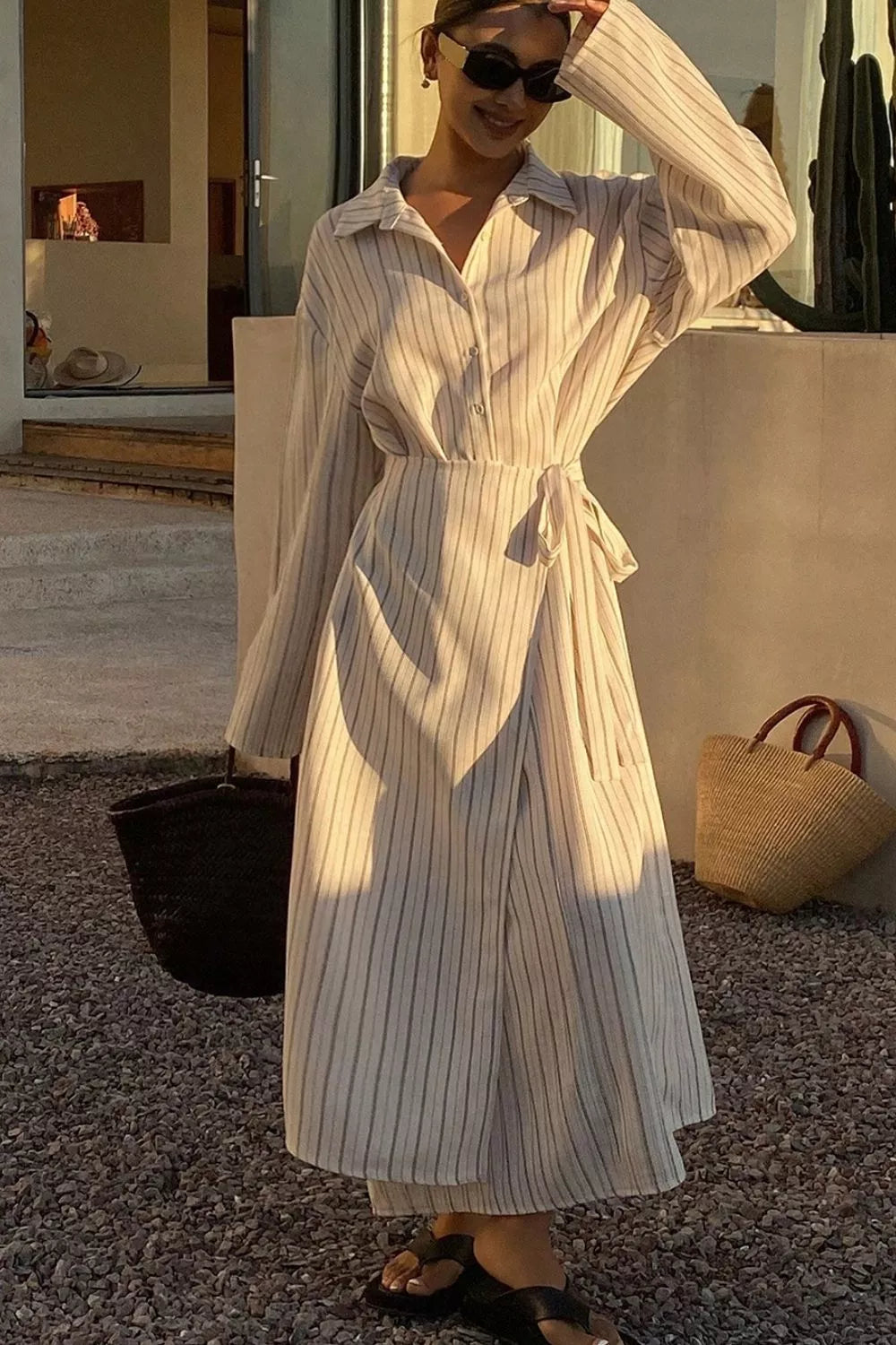 Striped Button-Down Shirt Dress with Waist Tie - Lilixa.store