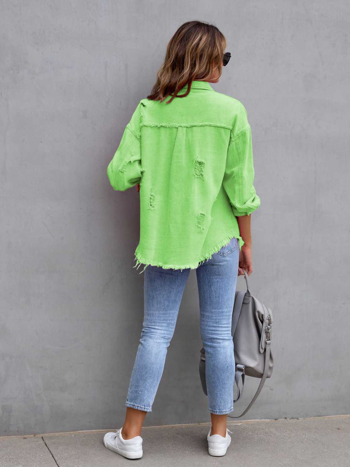 Distressed Drop Shoulder Denim Jacket - Lilixa.store